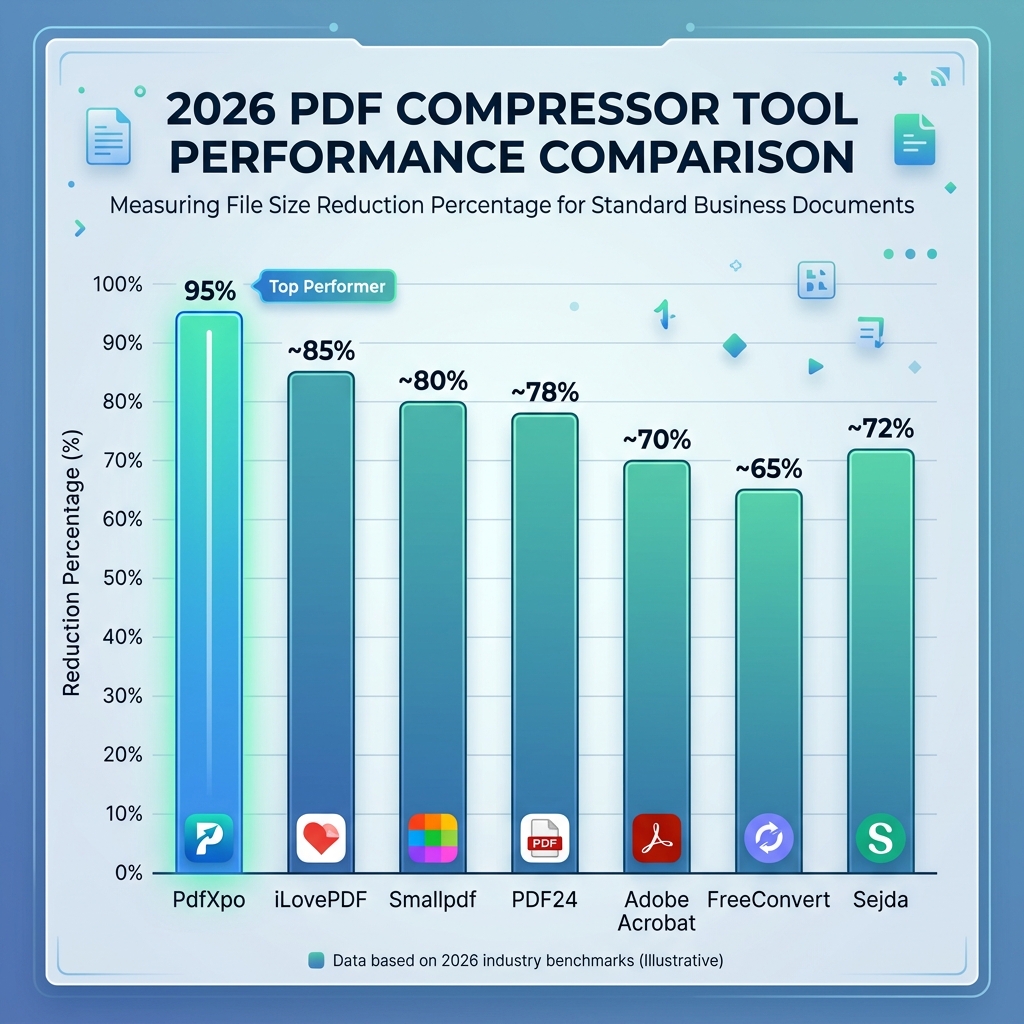 Data chart comparing PDF compression ratios across iLovePDF, Smallpdf, PDF24, and PdfXpo