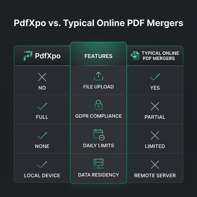 PDF merger security comparison showing server-side upload risk versus local browser processing