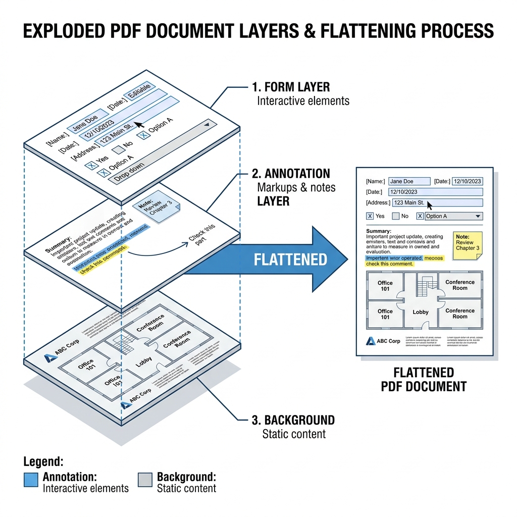 PDF layers versus static page diagram illustrating what flattening does