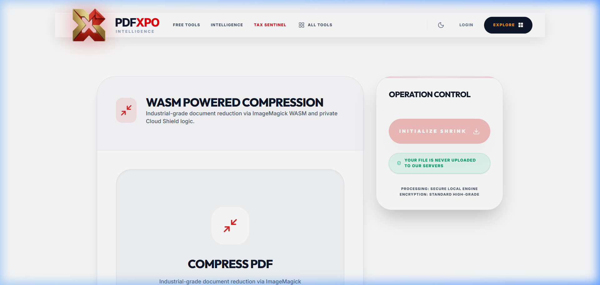 PdfXpo compress tool — processes files locally in your browser